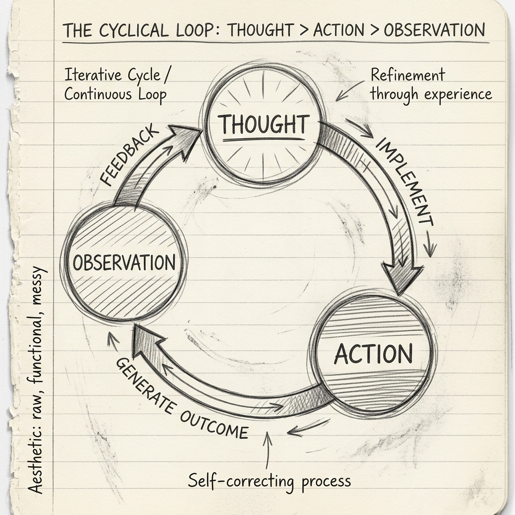 Pencil sketch illustration of ReAct execution loop